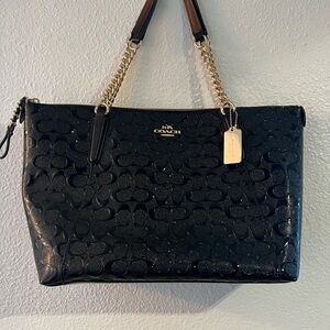 Coach Black Embossed Tote with Gold Chain